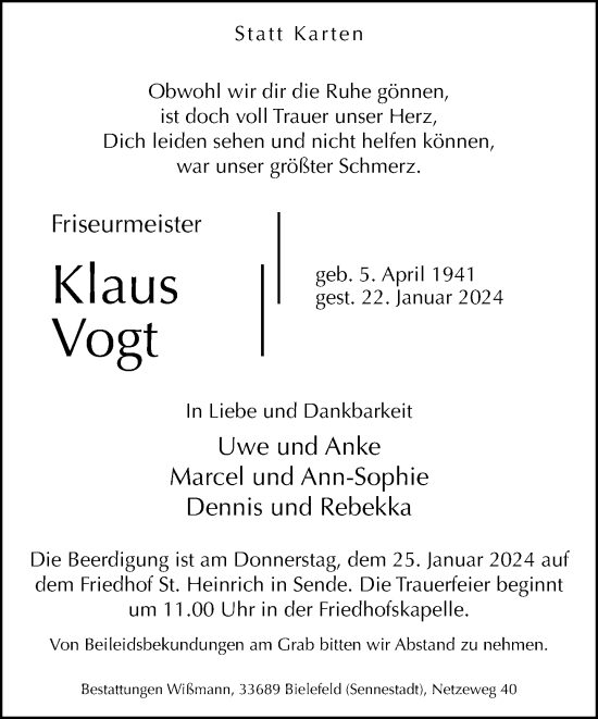 Traueranzeige von Klaus Vogt von Neue Westfälische