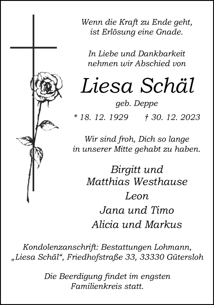  Traueranzeige für Liesa Schäl vom 06.01.2024 aus Neue Westfälische