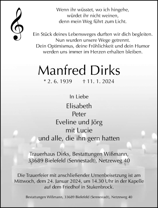 Traueranzeige von Manfred Dirks von Neue Westfälische