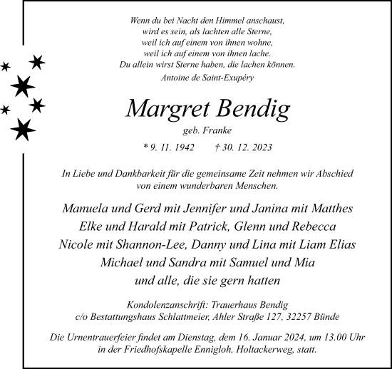 Traueranzeige von Margret Bendig von Neue Westfälische