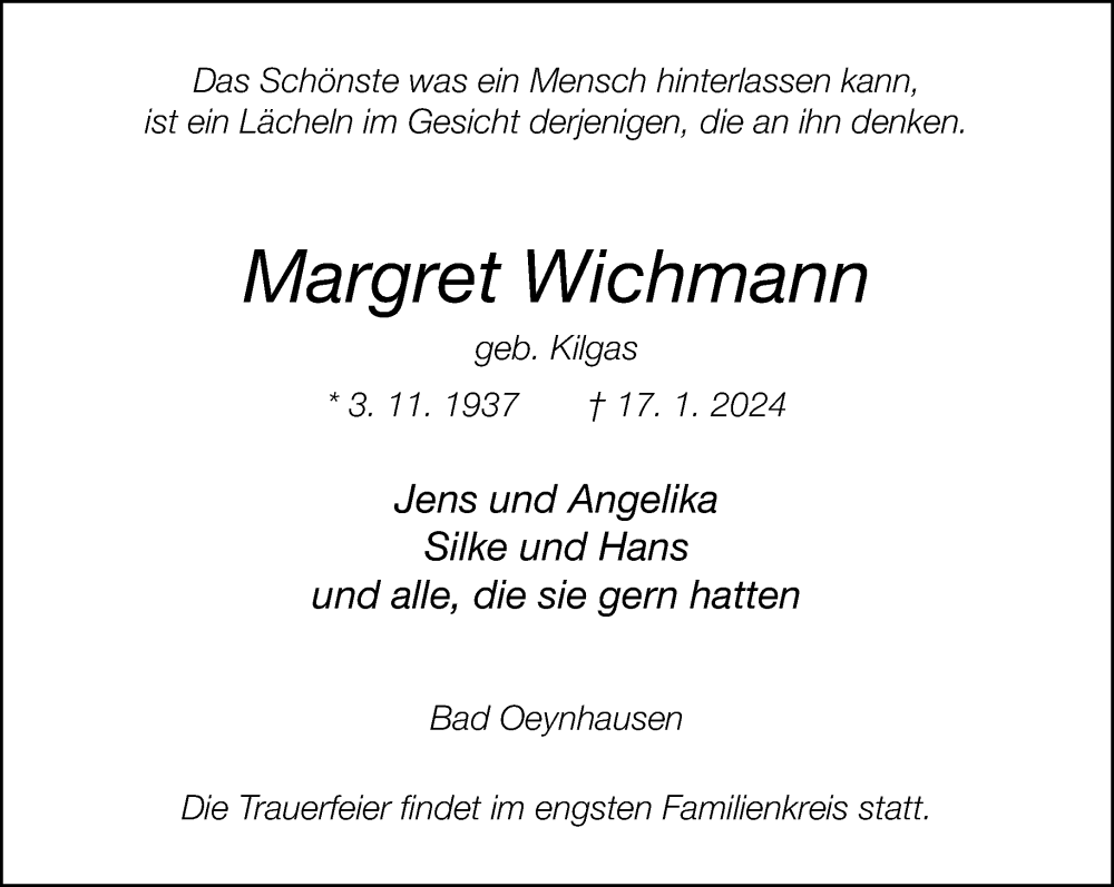 Traueranzeige für Margret Wichmann vom 24.01.2024 aus Neue Westfälische