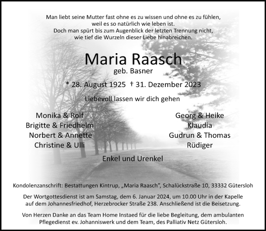 Traueranzeige von Maria Raasch von Neue Westfälische