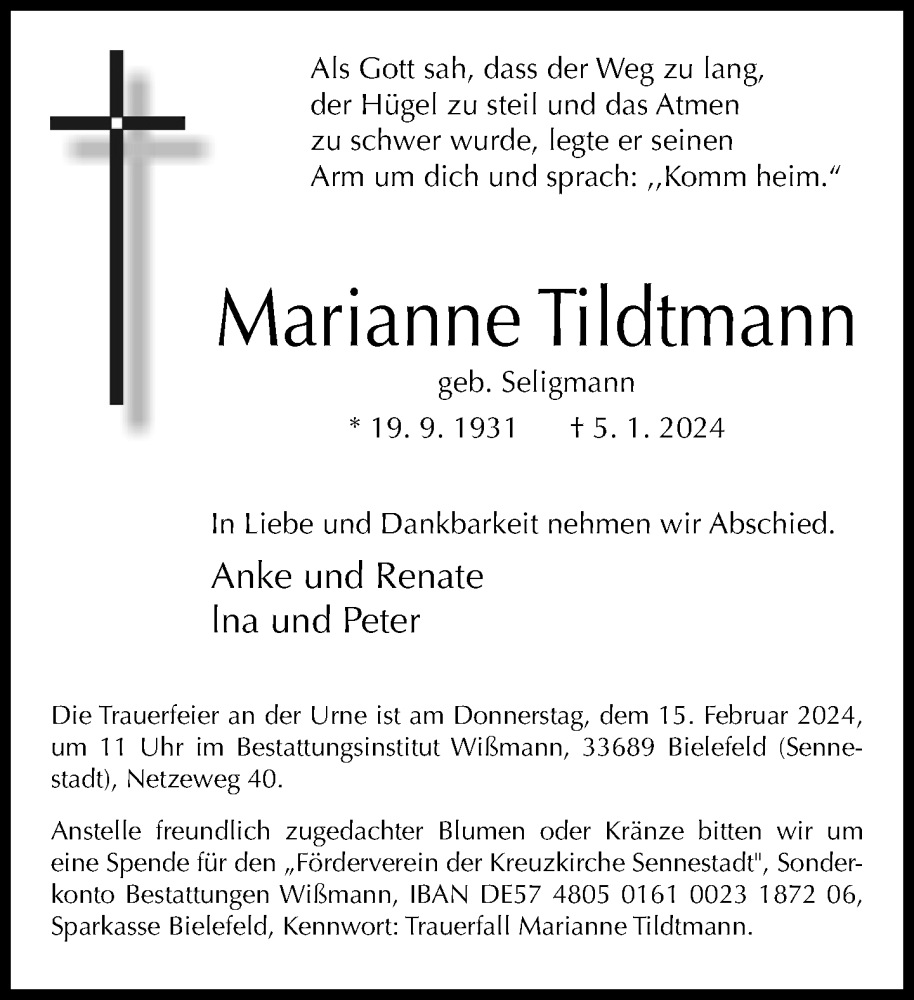  Traueranzeige für Marianne Tildtmann vom 13.01.2024 aus Neue Westfälische