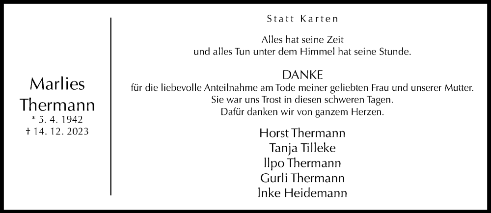  Traueranzeige für Marlies Thermann vom 13.01.2024 aus Neue Westfälische