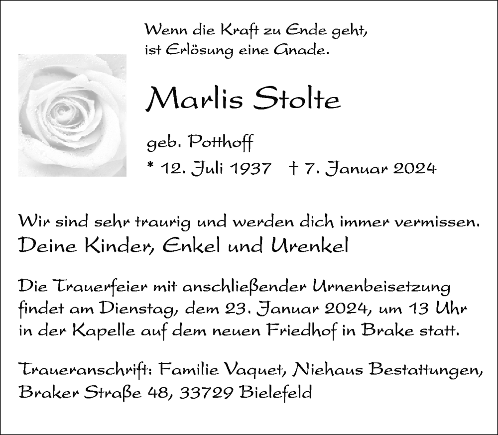  Traueranzeige für Marlis Stolte vom 13.01.2024 aus Neue Westfälische