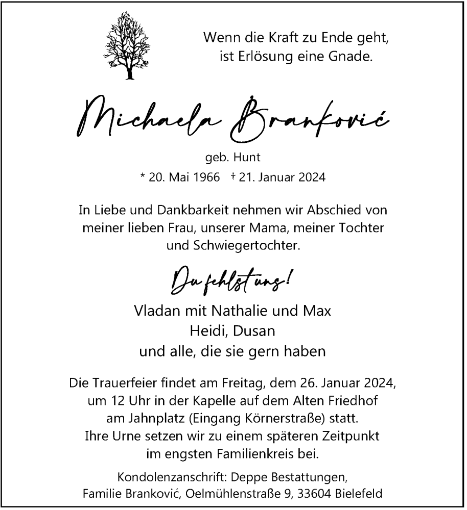  Traueranzeige für Michaela Brankovic vom 24.01.2024 aus Neue Westfälische