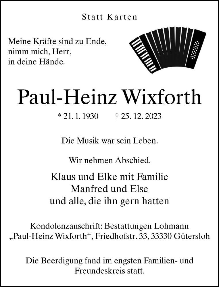  Traueranzeige für Paul-Heinz Wixforth vom 06.01.2024 aus Neue Westfälische