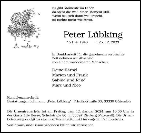 Traueranzeige von Peter Lübking von Neue Westfälische
