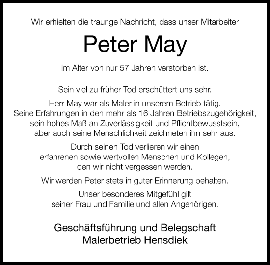 Traueranzeige von Peter May von Neue Westfälische