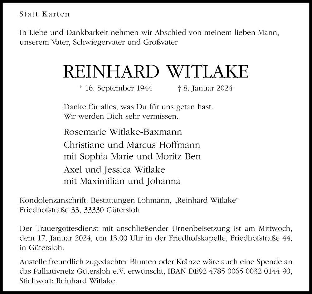 Traueranzeige für Reinhard Witlake vom 13.01.2024 aus Neue Westfälische