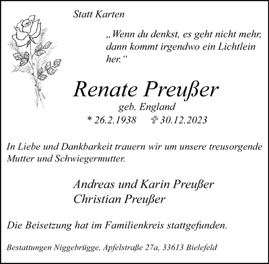 Traueranzeige von Renate Preußer von Neue Westfälische