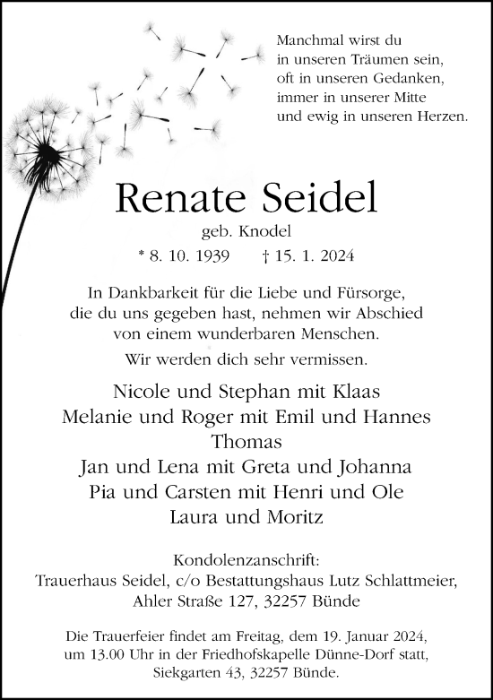 Traueranzeige von Renate Seidel von Neue Westfälische