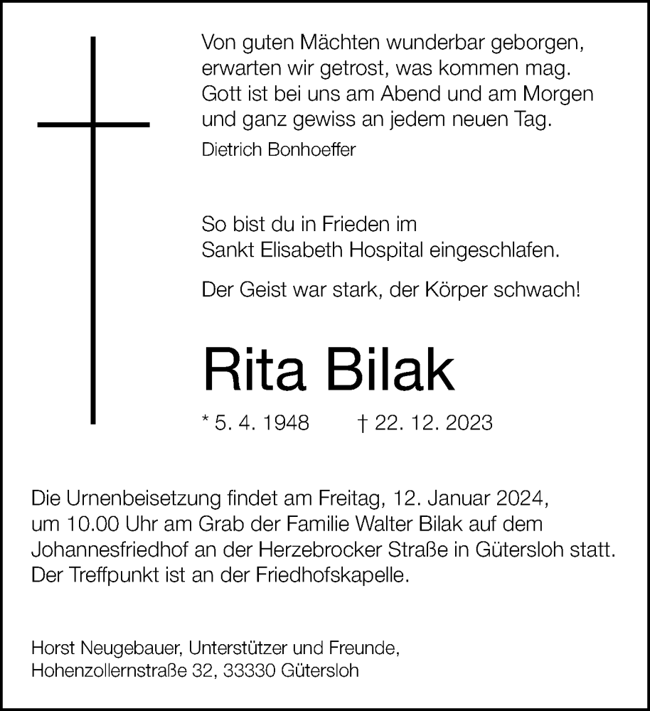  Traueranzeige für Rita Bilak vom 06.01.2024 aus Neue Westfälische