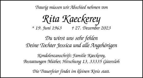 Traueranzeige von Rita Kaeckerey von Neue Westfälische