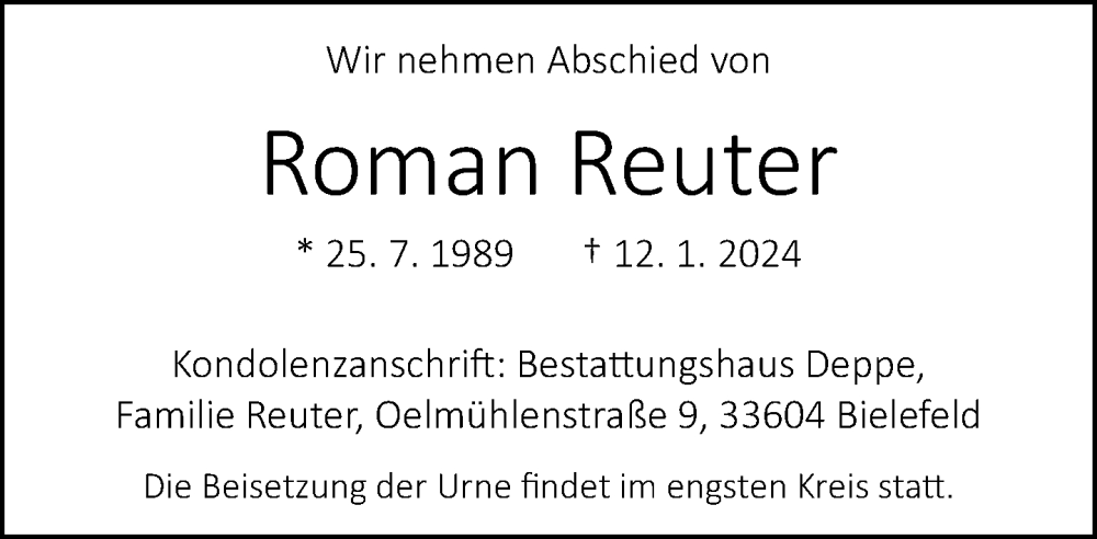  Traueranzeige für Roman Reuter vom 27.01.2024 aus Neue Westfälische