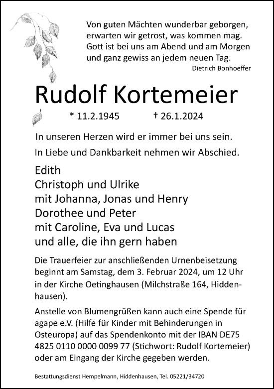 Traueranzeige von Rudolf Kortemeier von Neue Westfälische