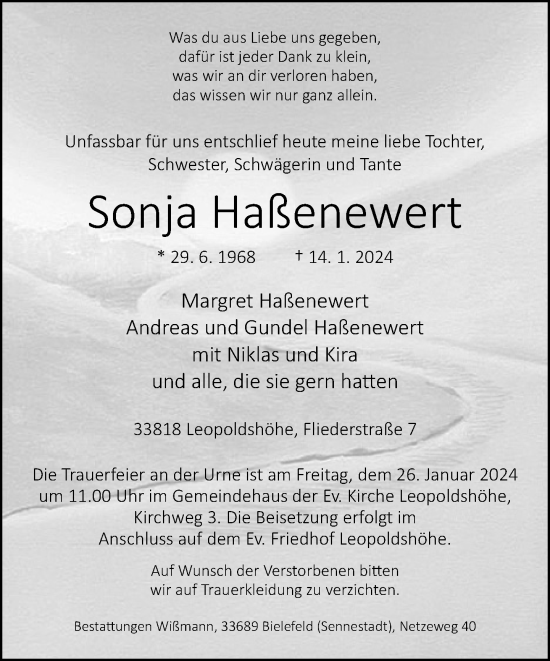 Traueranzeige von Sonja Haßenewert von Neue Westfälische
