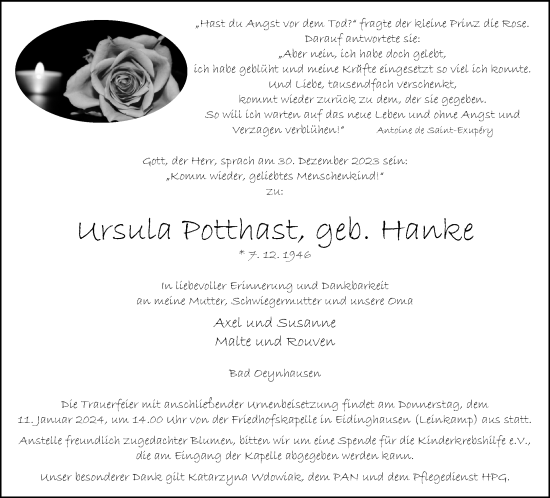 Traueranzeige von Ursula Potthast von Neue Westfälische