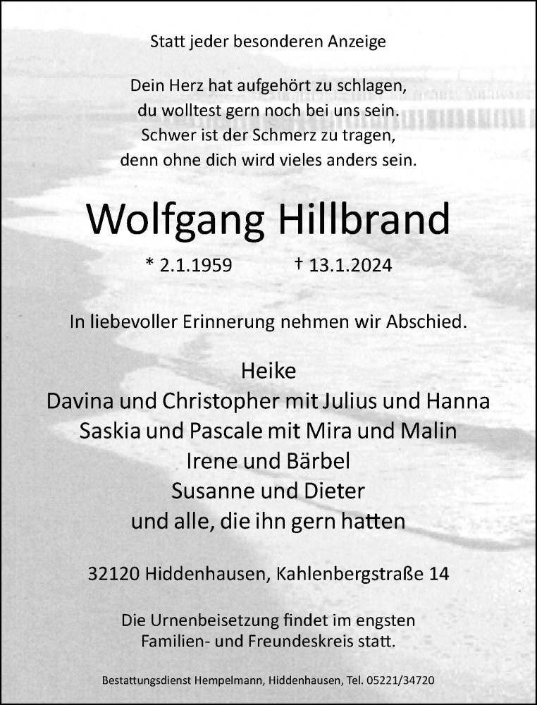  Traueranzeige für Wolfgang Hillbrand vom 20.01.2024 aus Neue Westfälische