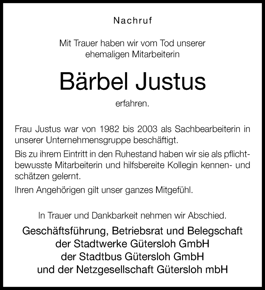  Traueranzeige für Bärbel Justus vom 05.10.2024 aus Neue Westfälische