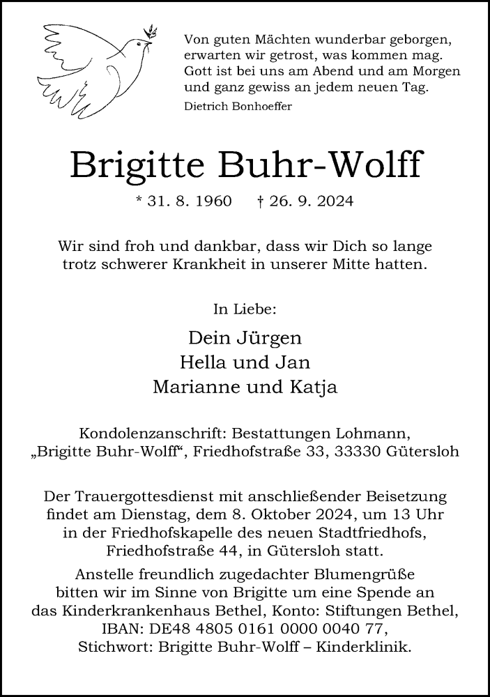  Traueranzeige für Brigitte Buhr-Wolff vom 05.10.2024 aus Neue Westfälische