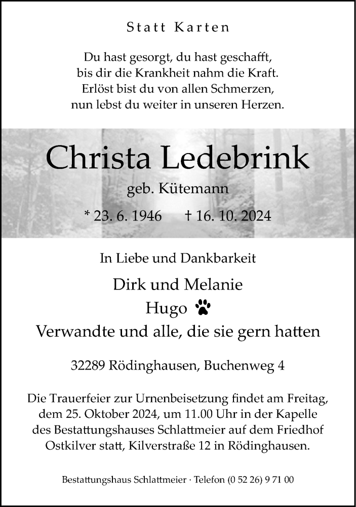  Traueranzeige für Christa Ledebrink vom 19.10.2024 aus Neue Westfälische