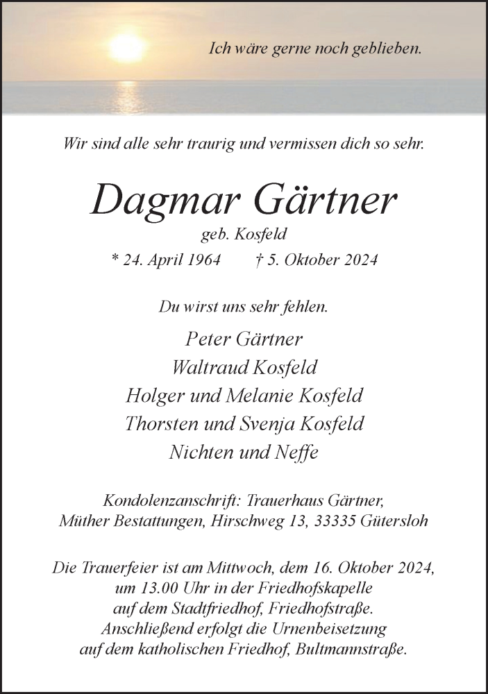  Traueranzeige für Dagmar Gärtner vom 12.10.2024 aus Neue Westfälische