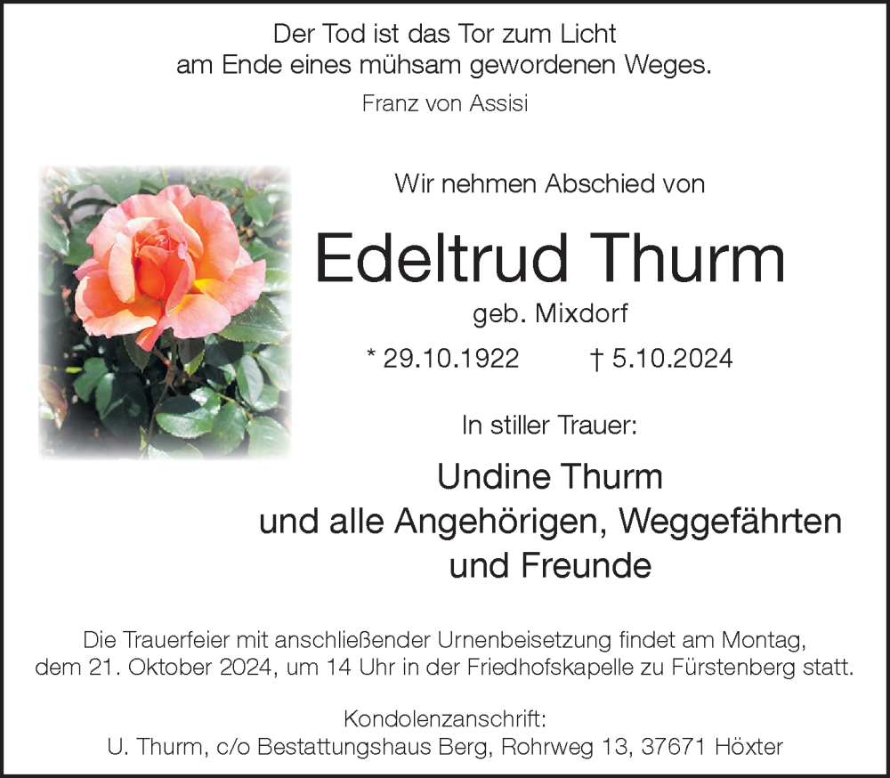  Traueranzeige für Edeltrud Thurm vom 12.10.2024 aus Neue Westfälische