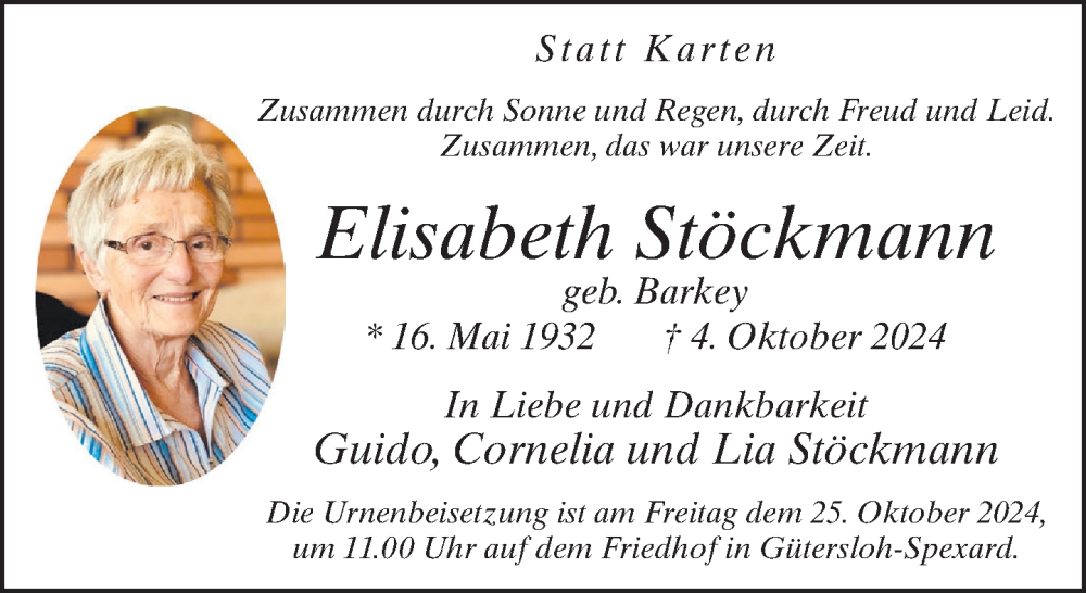  Traueranzeige für Elisabeth Stöckmann vom 19.10.2024 aus Neue Westfälische