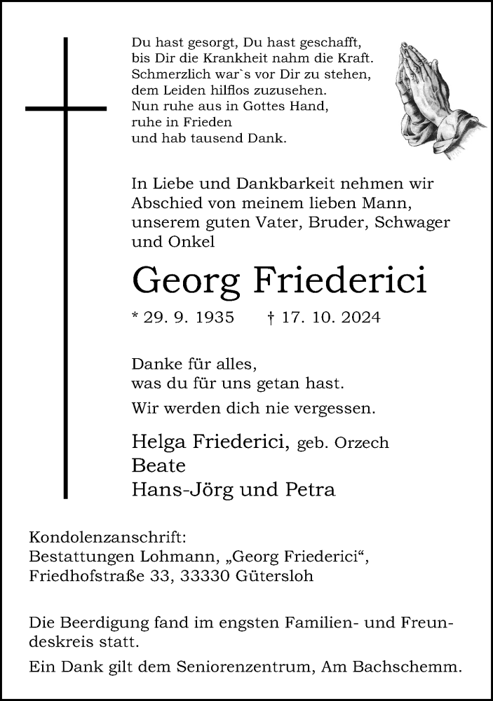  Traueranzeige für Georg Friederici vom 26.10.2024 aus Neue Westfälische