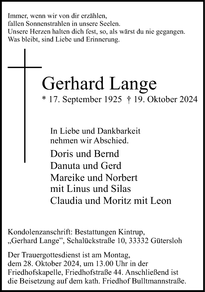  Traueranzeige für Gerhard Lange vom 23.10.2024 aus Neue Westfälische