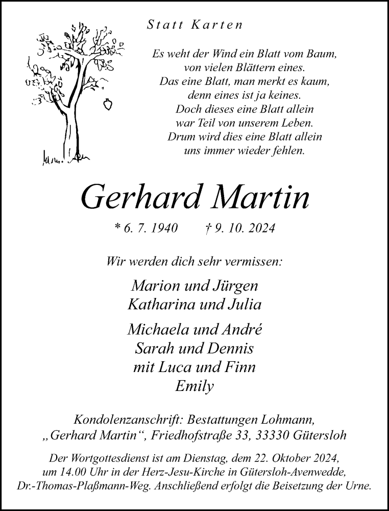  Traueranzeige für Gerhard Martin vom 18.10.2024 aus Neue Westfälische