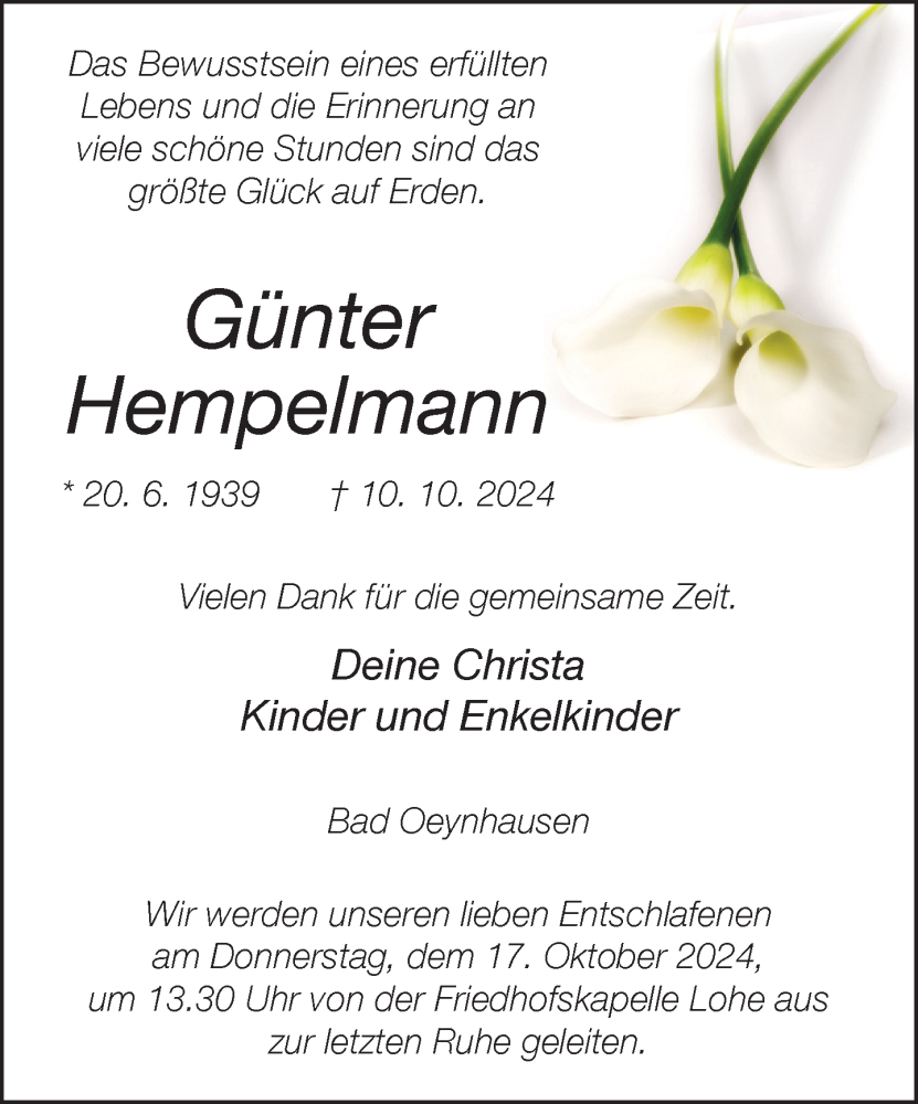  Traueranzeige für Günter Hempelmann vom 12.10.2024 aus Neue Westfälische