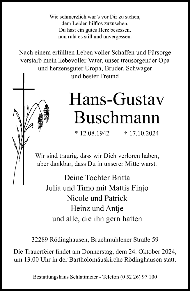  Traueranzeige für Hans-Gustav Buschmann vom 22.10.2024 aus Neue Westfälische