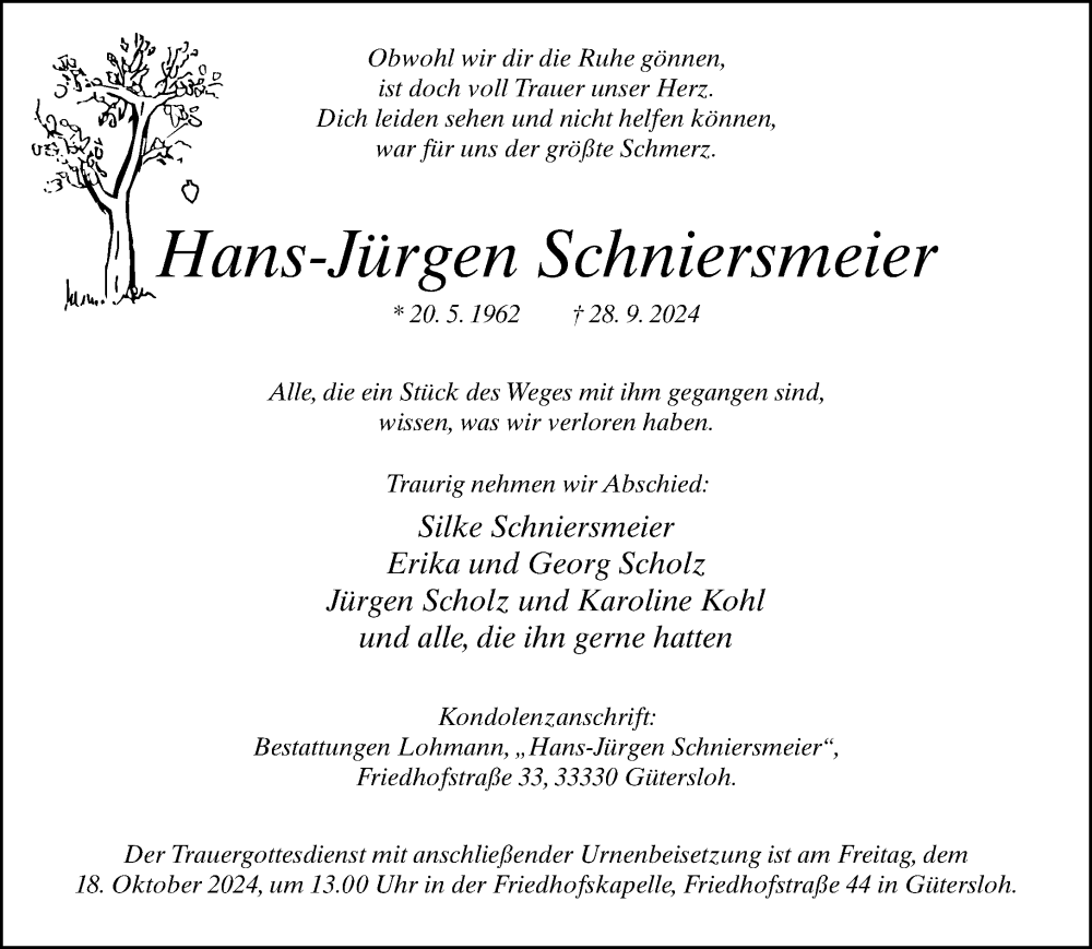  Traueranzeige für Hans-Jürgen Schniersmeier vom 11.10.2024 aus Neue Westfälische