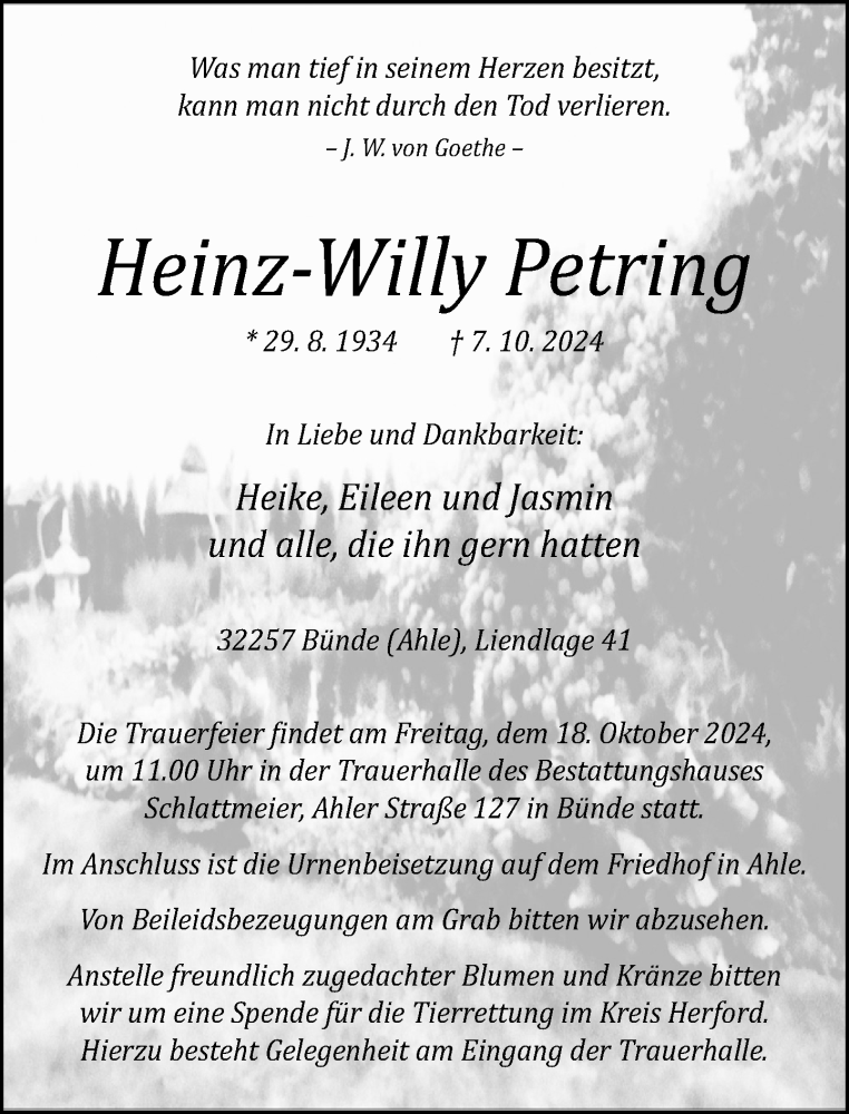  Traueranzeige für Heinz-Willy Petring vom 12.10.2024 aus Neue Westfälische