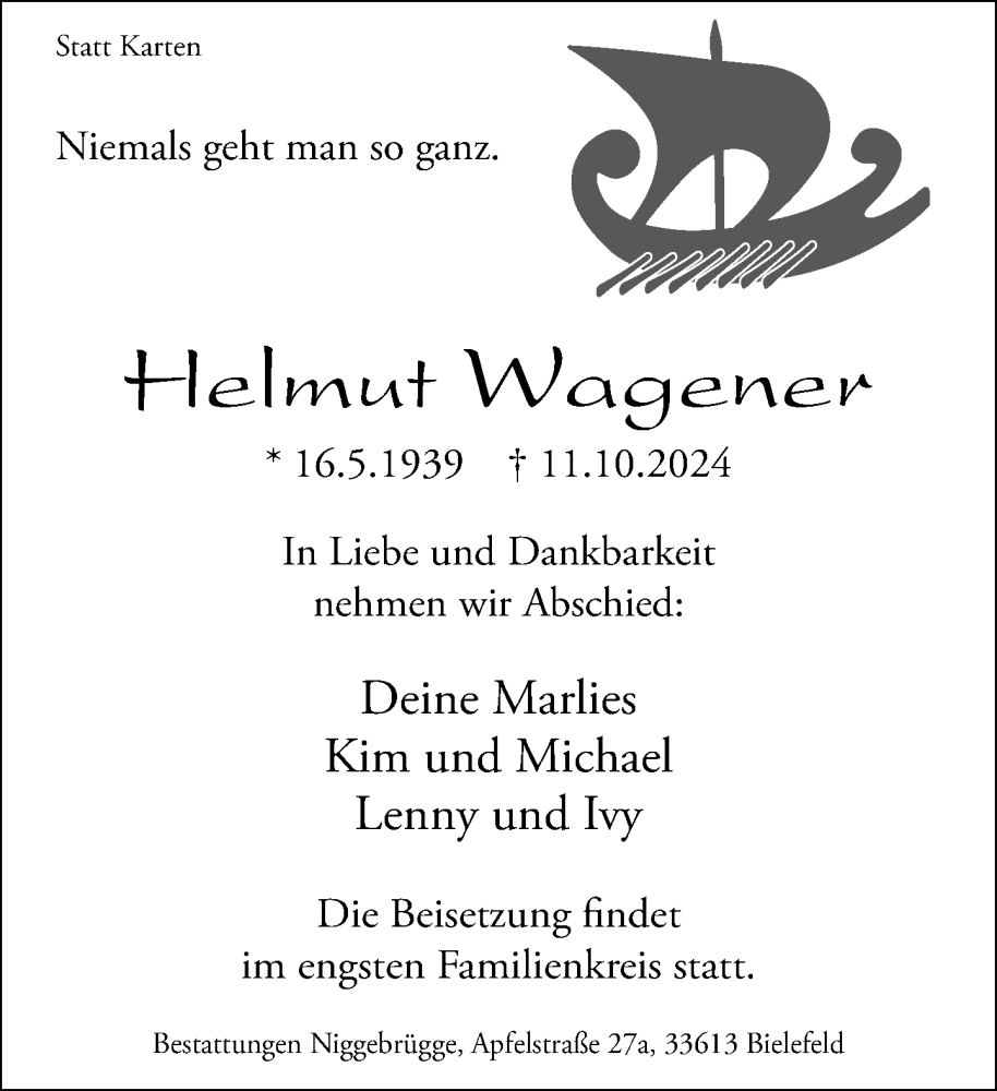  Traueranzeige für Helmut Wagener vom 19.10.2024 aus Neue Westfälische