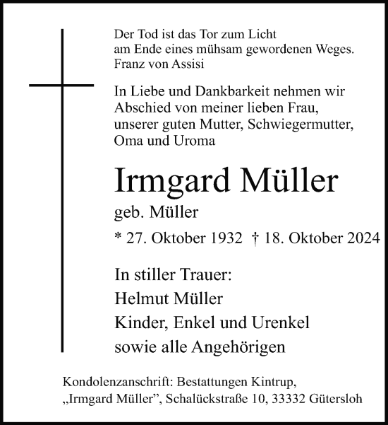Traueranzeige von Irmgard Müller von Neue Westfälische