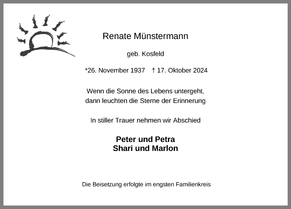  Traueranzeige für Renate Münstermann vom 26.10.2024 aus Neue Westfälische