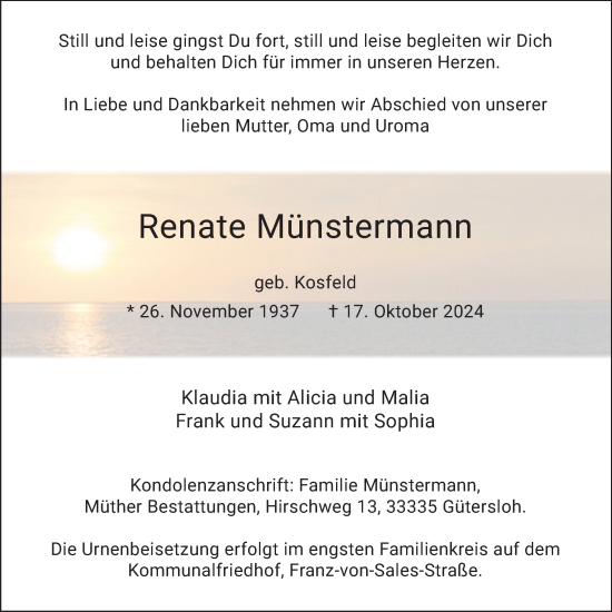 Traueranzeige von Renate Münstermann von Neue Westfälische