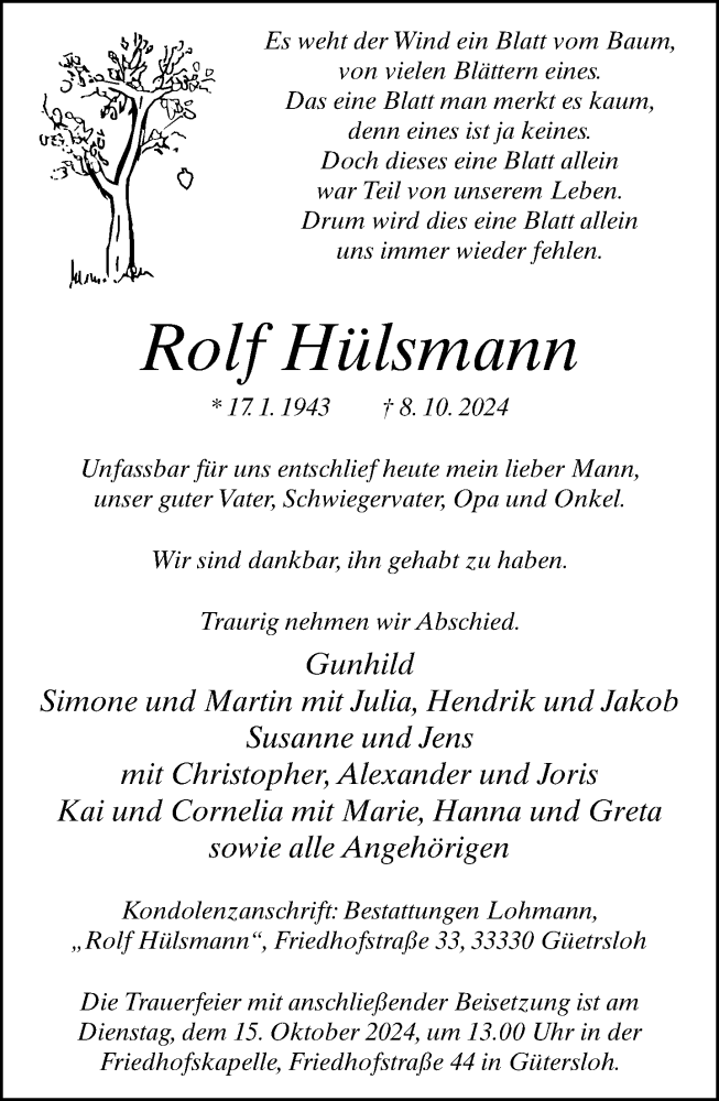  Traueranzeige für Rolf Hülsmann vom 12.10.2024 aus Neue Westfälische