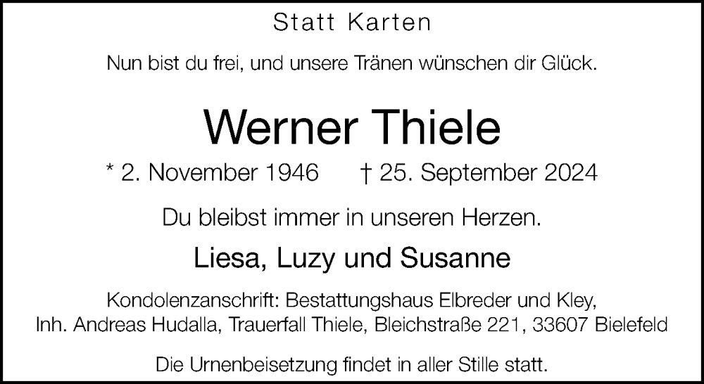  Traueranzeige für Werner Thiele vom 12.10.2024 aus Neue Westfälische