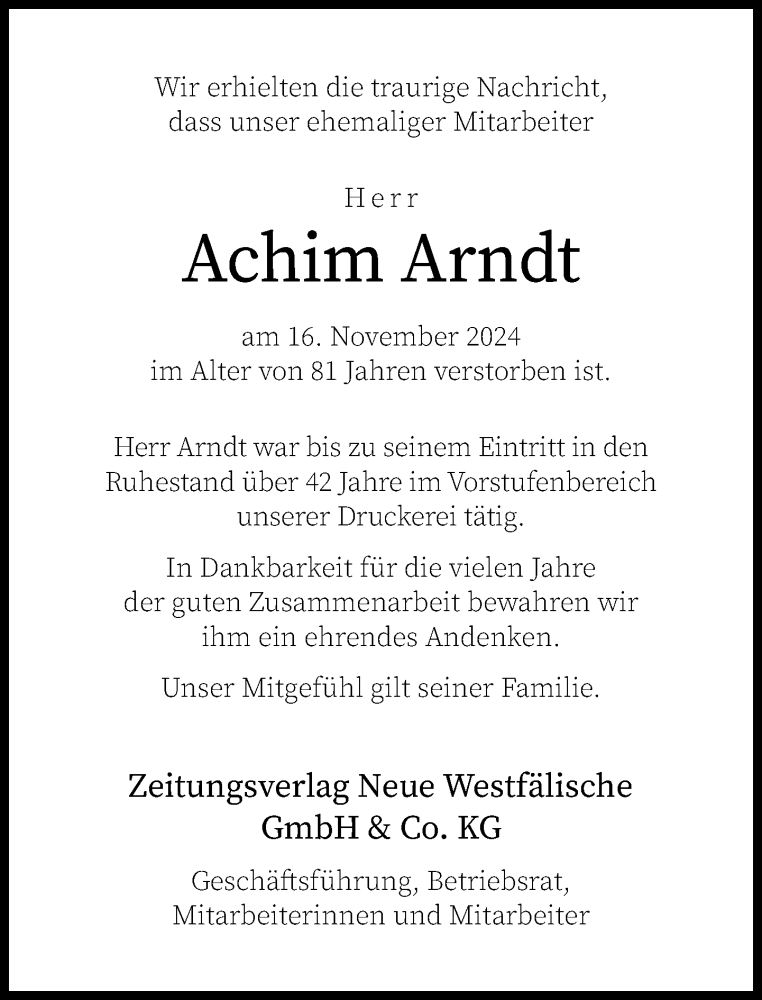  Traueranzeige für Achim Arndt vom 23.11.2024 aus Neue Westfälische