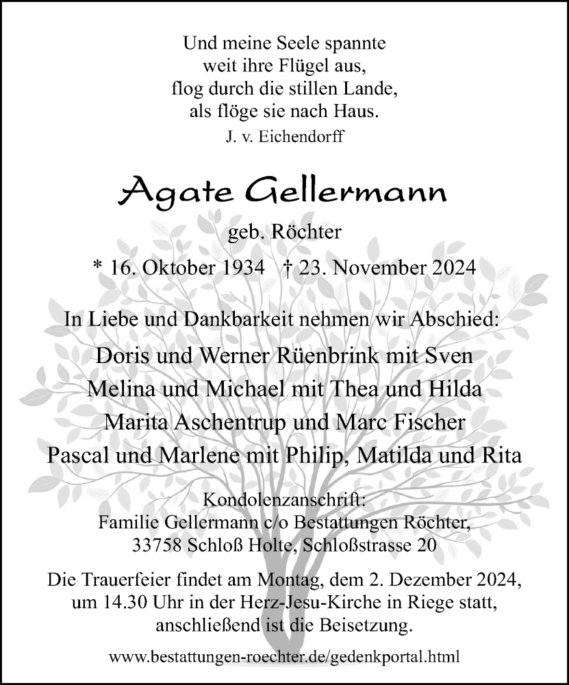  Traueranzeige für Agate Gellermann vom 26.11.2024 aus Neue Westfälische