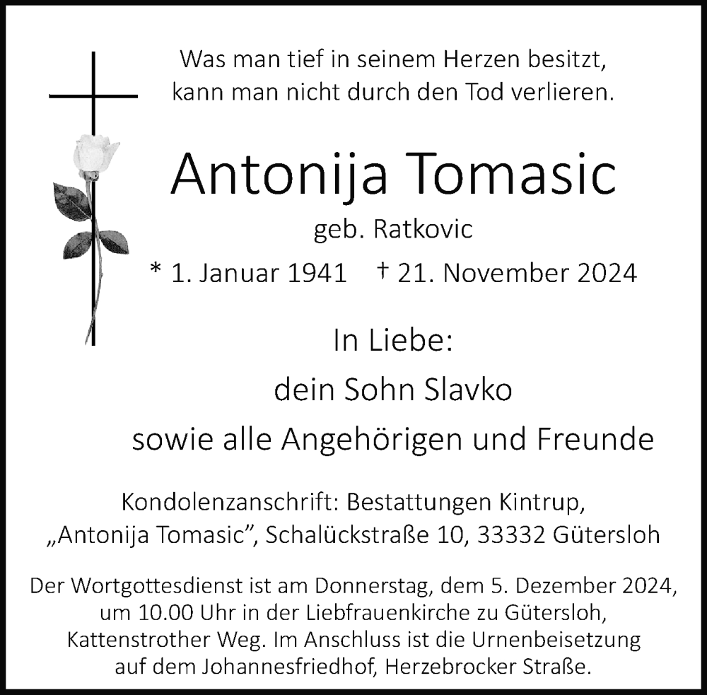  Traueranzeige für Antonija Tomasic vom 30.11.2024 aus Neue Westfälische