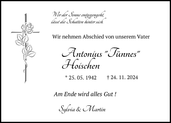 Traueranzeige von Antonius Hoischen von Neue Westfälische