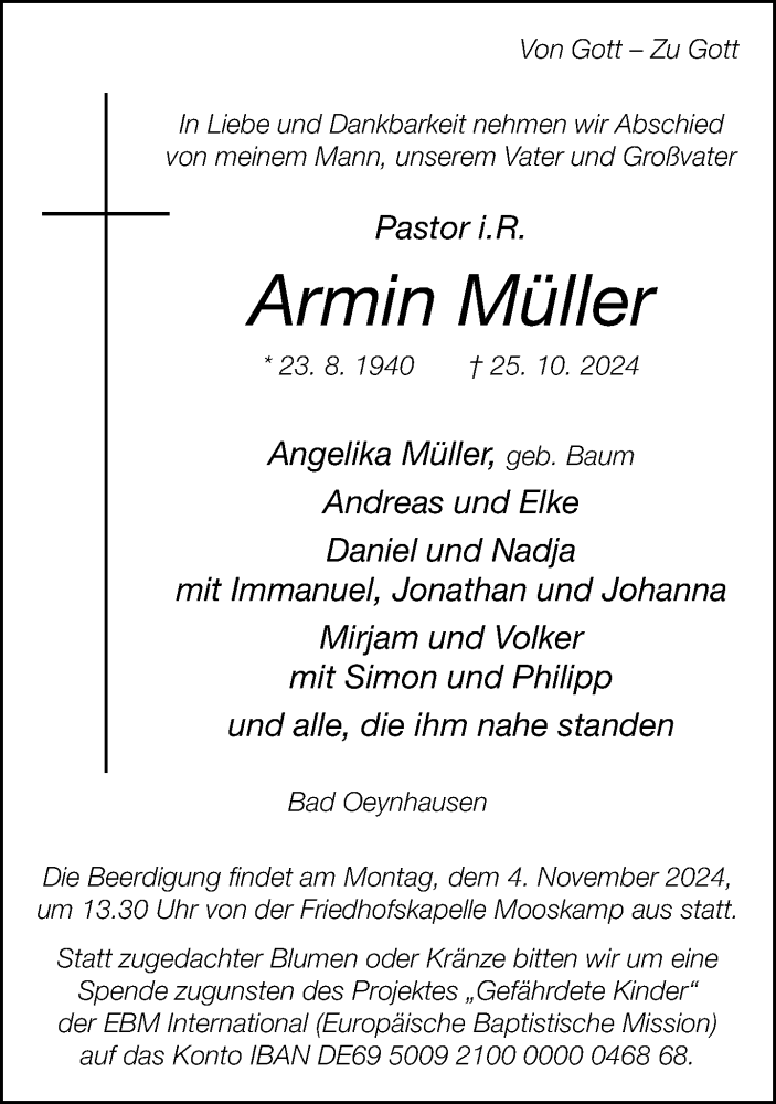  Traueranzeige für Armin Müller vom 01.11.2024 aus Neue Westfälische