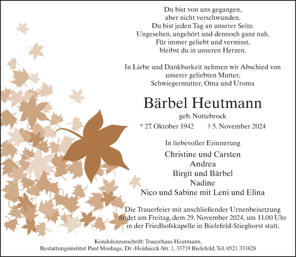  Traueranzeige für Bärbel Heutmann vom 16.11.2024 aus Neue Westfälische