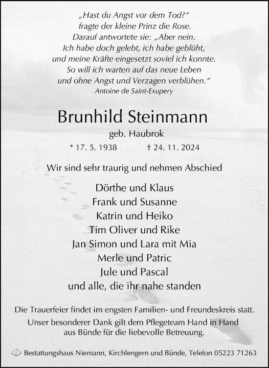 Traueranzeige von Brunhild Steinmann von Neue Westfälische