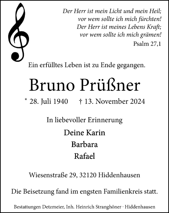 Traueranzeige von Bruno Prüßner von Neue Westfälische